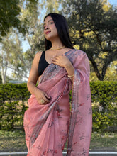 Grey Seq Printed Lace Flamingo Peach Organza Saree